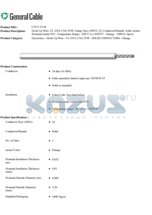 C2117.21.04 datasheet - Hook-Up Wire, UL 1015, CSA TEW, Gauge Size (AWG): 22, Conductor/Strands: Solid