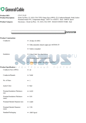 C2117.21.03 datasheet - Hook-Up Wire, UL 1015, CSA TEW, Gauge Size (AWG): 22, Conductor/Strands: Solid