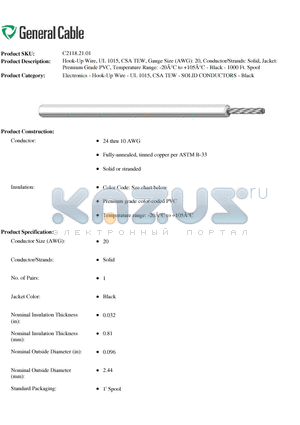 C21182101 datasheet - Hook-Up Wire, UL 1015, CSA TEW, Gauge Size (AWG): 20, Conductor/Strands: Solid
