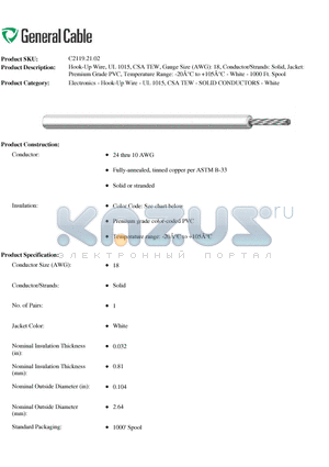 C2119.21.02 datasheet - Hook-Up Wire, UL 1015, CSA TEW, Gauge Size (AWG): 18, Conductor/Strands: Solid