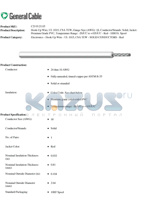 C2119.21.03 datasheet - Hook-Up Wire, UL 1015, CSA TEW, Gauge Size (AWG): 18, Conductor/Strands: Solid