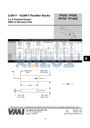 FP50S datasheet - 2,500 V - 10,000 V Rectifier Stacks 2.2 A Forward Current 3000 ns Recovery Time