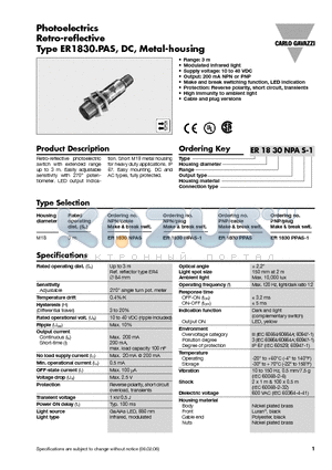ER1830NPAS-1 datasheet - Photoelectrics Retro-reflective
