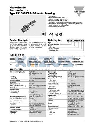 ER1830PPAS-1 datasheet - Photoelectrics Retro-reflective