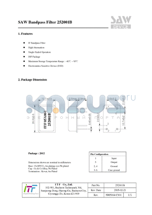 252001B datasheet - SAW Bandpass Filter