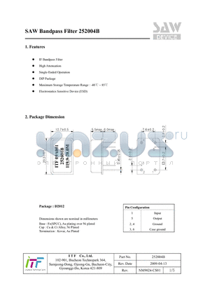 252004B datasheet - SAW Bandpass Filter