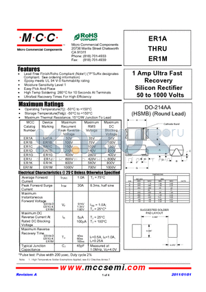 ER1A datasheet - 1 Amp Ultra Fast Recovery Silicon Rectifier 50 to 1000 Volts