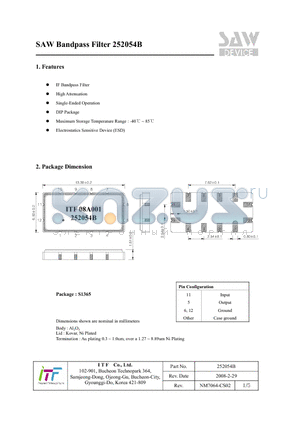 252054B datasheet - SAW Bandpass Filter