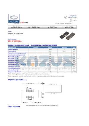 821-IF56.25M-A datasheet - 56MHz IF SAW Filter