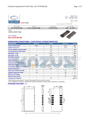 821-IF70.0M-GB datasheet - 70MHz SAW Filter
