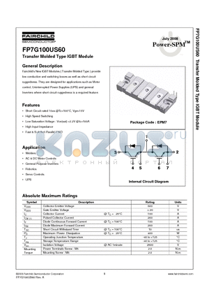 FP7G100US60 datasheet - Transfer Molded Type IGBT Module