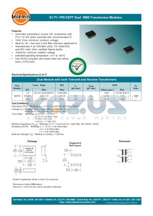 82219 datasheet - E1/T1/ PRI/CEPT Dual SMD Transformer Modules