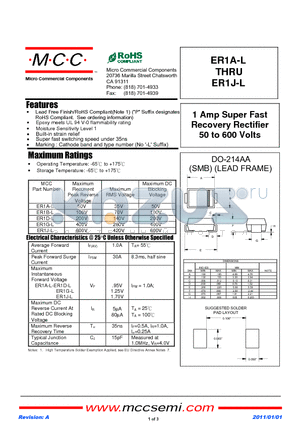 ER1G-L datasheet - 1 Amp Super Fast Recovery Rectifier 50 to 600 Volts
