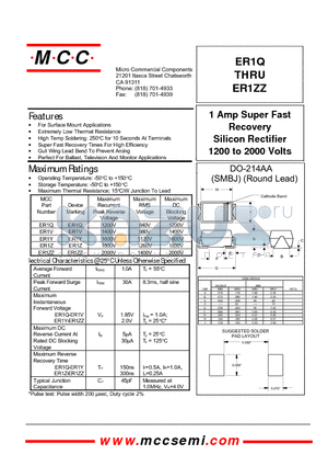 ER1V datasheet - 1 Amp Super Fast Recovery Silicon Rectifier 1200 to 2000 Volts