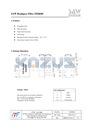 252602B datasheet - SAW Bandpass Filter