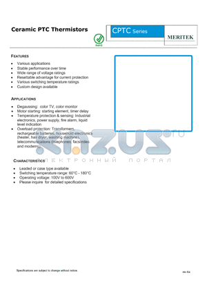 CPTC datasheet - Ceramic PTC Thermistors