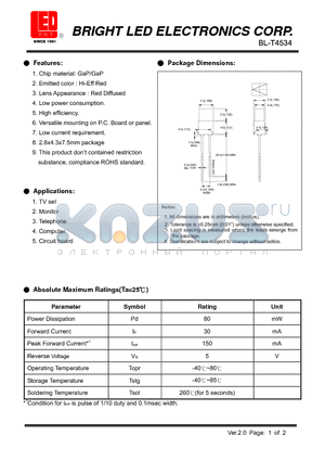 BL-T4534 datasheet - GaP/GaP Hi-Eff Red Low power consumption.