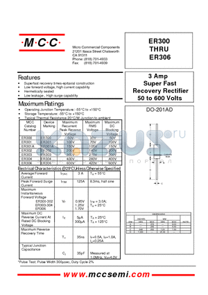 ER302 datasheet - 3 Amp Super Fast Recovery Rectifier 50 to 600 Volts