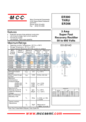 ER301A datasheet - 3 Amp Super Fast Recovery Rectifier 50 to 600 Volts