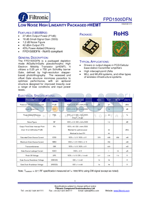 FPD1500DFN datasheet - LOW NOISE HIGH LINEARITY PACKAGED PHEMT