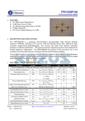 FPD1500P100 datasheet - 1W PACKAGED POWER PHEMT