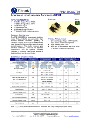 FPD1500SOT89 datasheet - LOW NOISE HIGH LINEARITY PACKAGED PHEMT