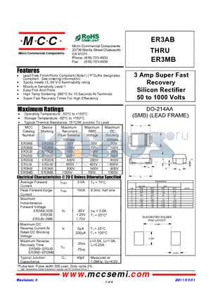 ER3AB datasheet - 3 Amp Super Fast Recovery Silicon Rectifier 50 to 1000 Volts