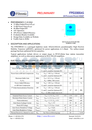 FPD2000AS datasheet - 2W PACKAGED POWER PHEMT