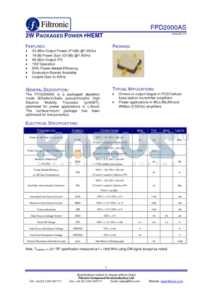 FPD2000AS datasheet - 2W PACKAGED POWER PHEMT