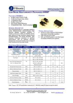 FPD2250SOT89E datasheet - LOW NOISE HIGH LINEARITY PACKAGED PHEMT