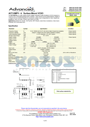 ACT-SMPV-6 datasheet - Surface Mount VCXO