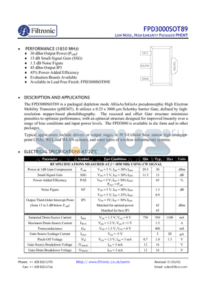 FPD3000SOT89 datasheet - LOW NOISE, HIGH LINEARITY PACKAGED PHEMT