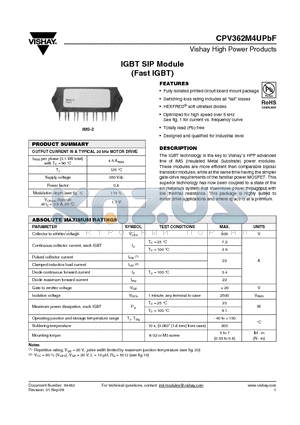 CPV362M4UPBF datasheet - IGBT SIP Module (Fast IGBT)