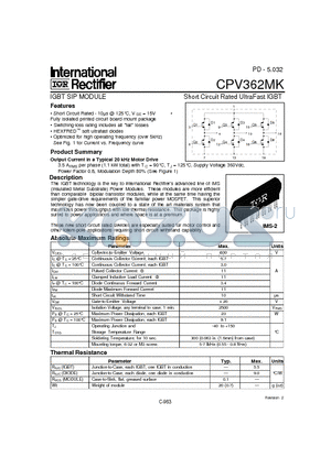 CPV362MK datasheet - IGBT SIP MODULE Short Circuit Rated UltraFast IGBT