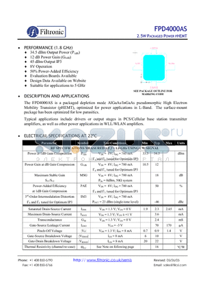 FPD4000AS datasheet - 2.5W PACKAGED POWER PHEMT
