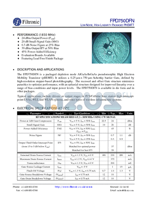 FPD750DFN datasheet - LOW NOISE, HIGH LINEARITY PACKAGED PHEMTT