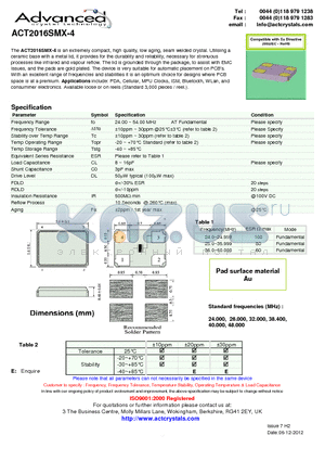 ACT2016SMX-4 datasheet - extremely compact, high quality, low aging, seam welded crystal