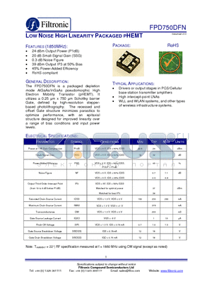 FPD750DFN datasheet - LOW NOISE HIGH LINEARITY PACKAGED PHEMT