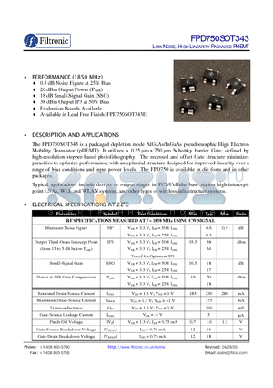 FPD750SOT343 datasheet - LOW NOISE, HIGH LINEARITY PACKAGED PHEMT