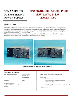 CPW2870M5-01 datasheet - GEN 2.5 SERIES DC SPUTTERING POWER SUPPLY