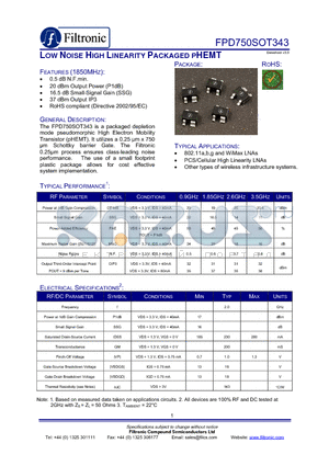 FPD750SOT343E datasheet - LOW NOISE HIGH LINEARITY PACKAGED PHEMT