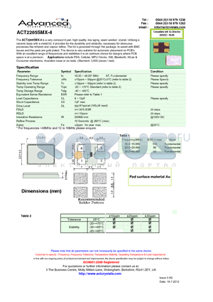 ACT2205SMX-4 datasheet - compact 4 pad, high quality, low aging, seam welded crystal