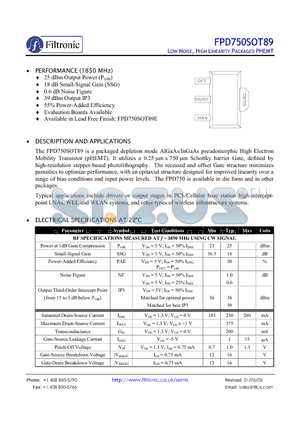 FPD750SOT89 datasheet - LOW NOISE, HIGH LINEARITY PACKAGED PHEMT