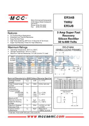 ER3JB datasheet - 3 Amp Super Fast Recovery Silicon Rectifier 50 to 600 Volts