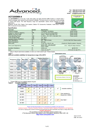 ACT320SMX-4_12 datasheet - low cost, 4 pad, high quality, low aging 3X2.5mm SMD Crystal in a ceramic base