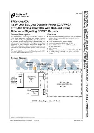 FPD87208AXAVS datasheet - 2.5V Low EMI, Low Dynamic Power XGA/WXGA TFT-LCD Timing Controller with Reduced Swing Differential Signaling RSDS Outputs