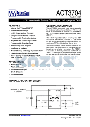 ACT3704 datasheet - 12V Linear-Mode Battery Charger for Li/Li-polymer Cells