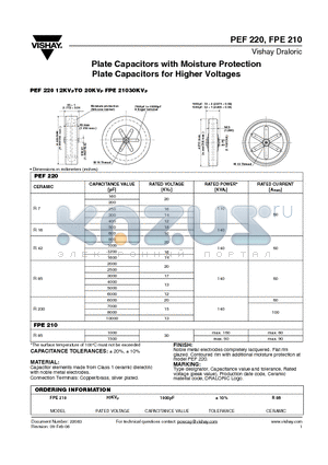 FPE210 datasheet - Plate Capacitors with Moisture Protection Plate Capacitors for Higher Voltages