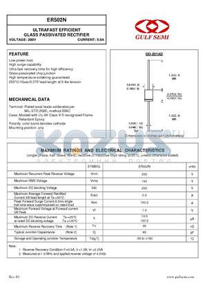 ER502N datasheet - ULTRAFAST EFFICIENT GLASS PASSIVATED RECTIFIER VOLTAGE: 200V CURRENT: 5.0A