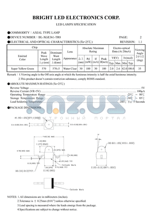 BL-XGE361-TR8 datasheet - AXIAL TYPE LED LAMPS SPECIFICATION